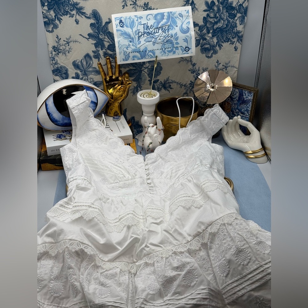 🆕 SELF-PORTRAIT 🧿 NWOT White Scallop Edge Off-Shoulder Mini Dress Sz UK12 US 8 - Picture 12 of 14